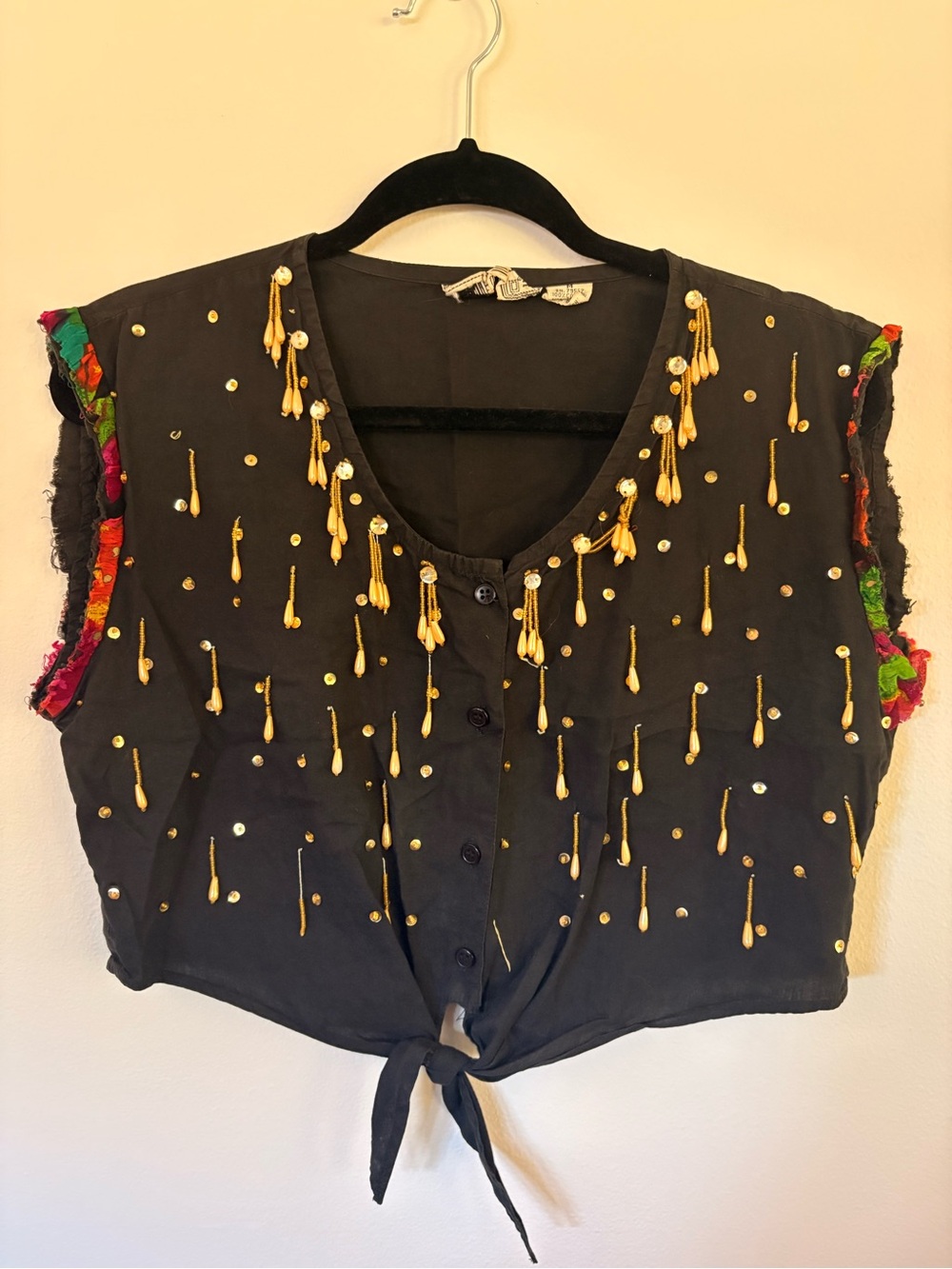 Vintage Speed Limit Beaded Sequin Tie Front Crop Top M